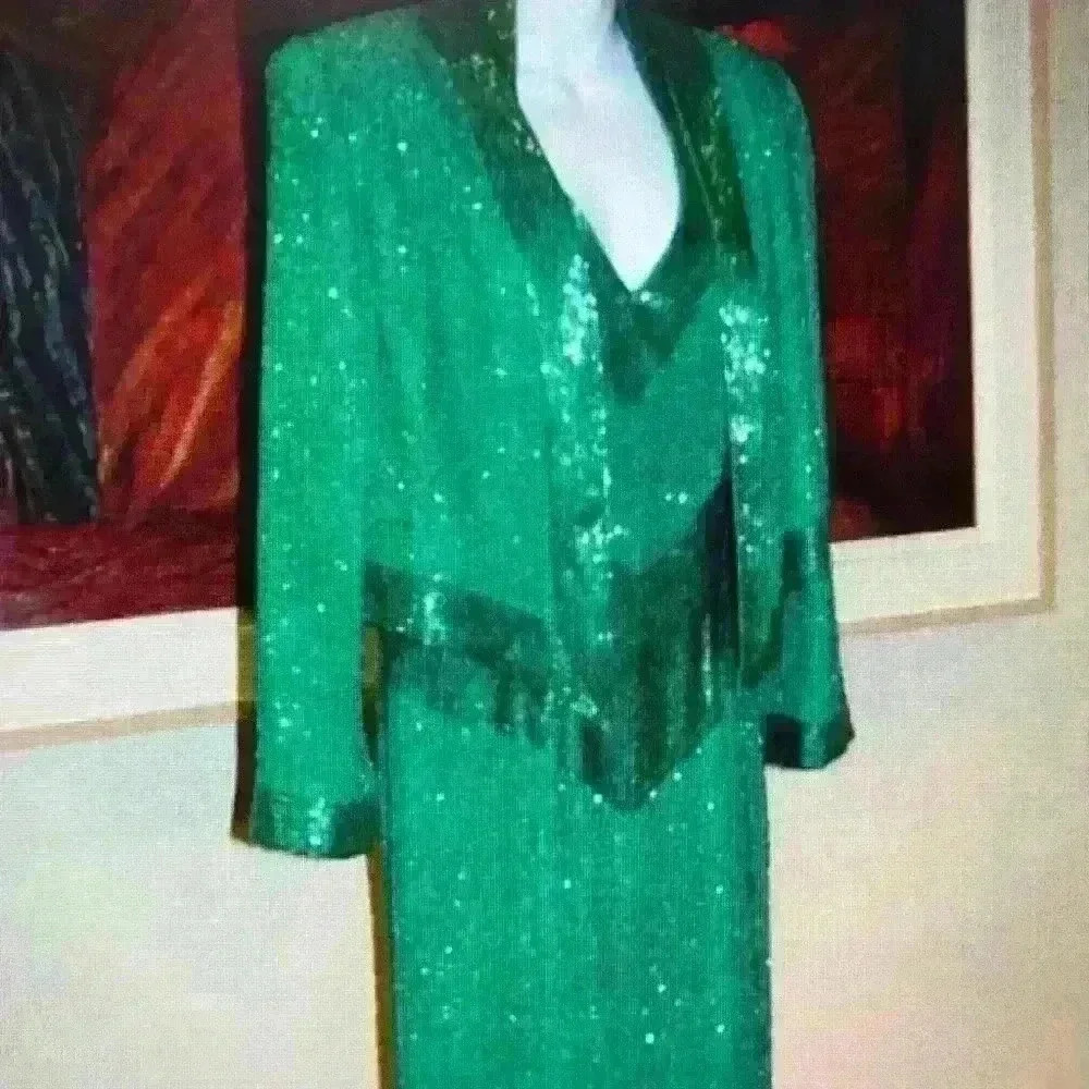 Vintage Claire's Collection Green Sequin Beaded Gown Jacket Set L